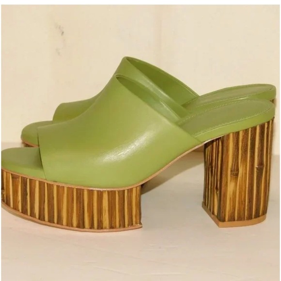 Cult Gaia Judith Leather Bamboo Platform Slide Sandals Green/Tan Womens 6.5 NWOT - Picture 11 of 14